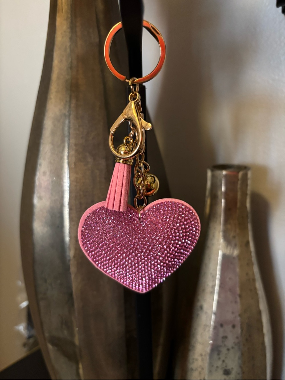 Pink Heart Tassel Keychain with Crystal Accents